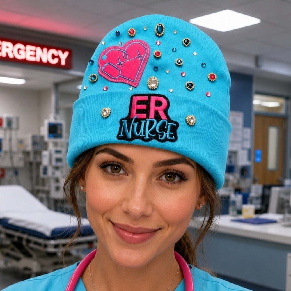 ER Nurse Beanie Blue design with Logo, Blue,‎ Pink, Black and Clear rhinestones